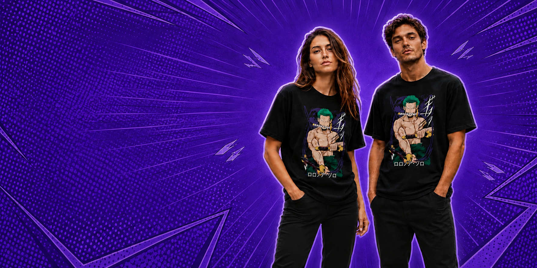 Modelos usando camisetas Mult Mash com estampa de anime.